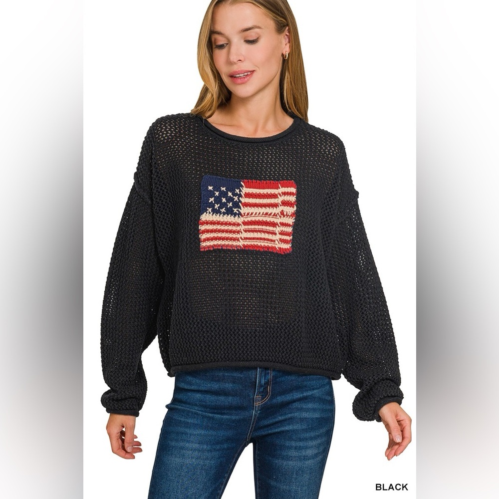 Zenana American Flag Crew Neck Sweater